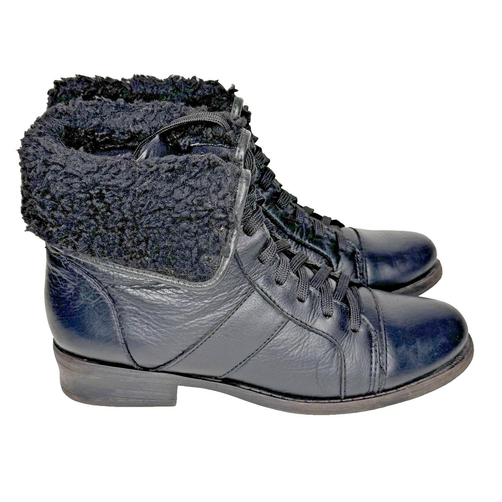 Vtg Y2K Leather Boots Womens EU 37 Black Lace Up Sherpa Cuff Fold Over Ankle